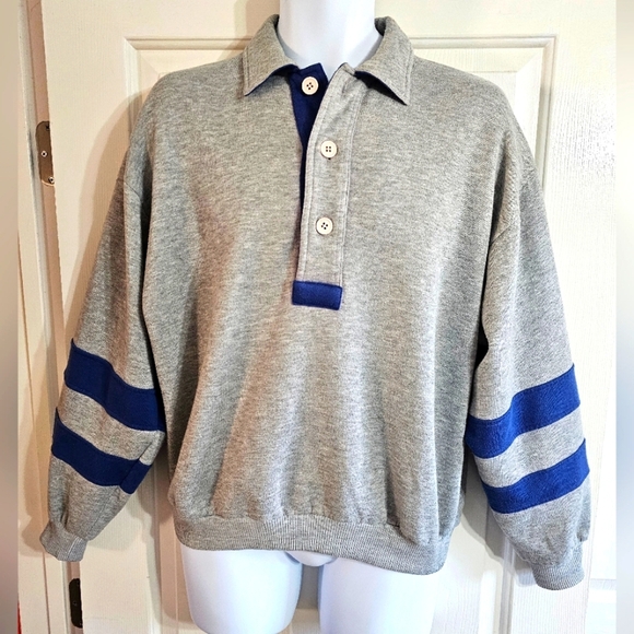 Unbranded Men’s Medium Vintage 80s Gray Blue Rugby Striped Pullover Sweater Rare - Picture 2 of 6
